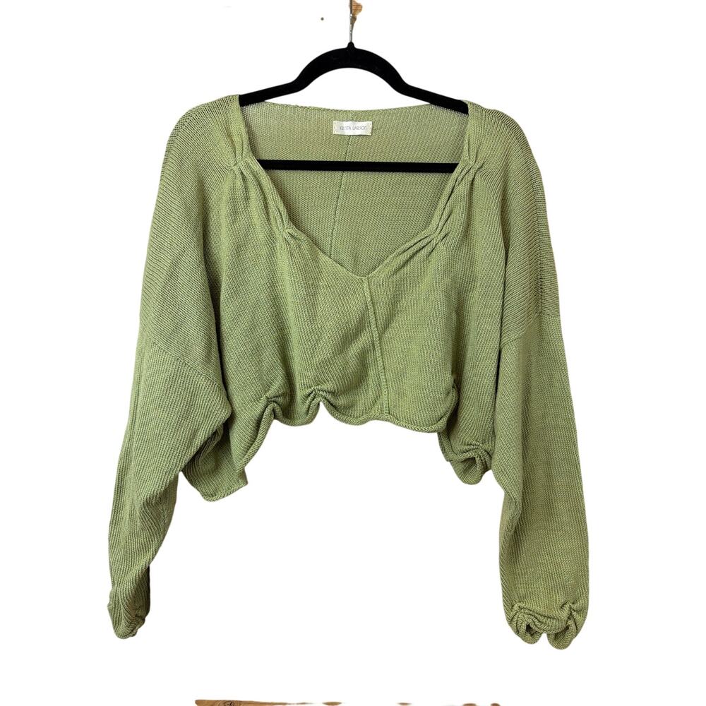Krista Larson Green Deep V Neck Cropped Asymmetrical Sweater Size L XL